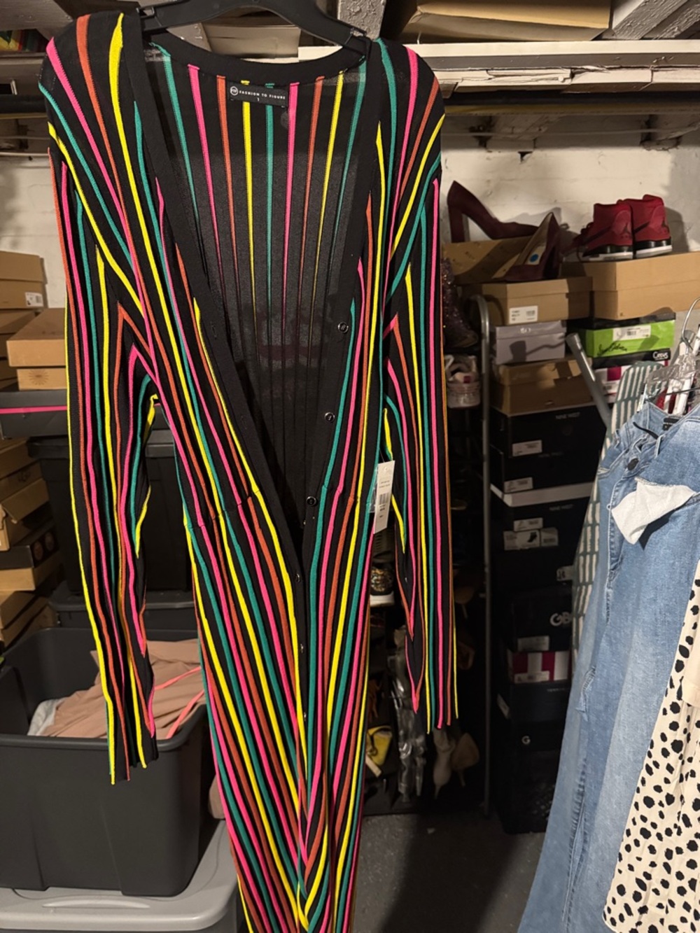 Fashion to Figure Black Multicolor Striped Long Cardigan